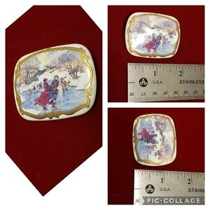 Vintage Avon Currier and Ives Porcelain Ice Skating Winter Scene Pin Bro…